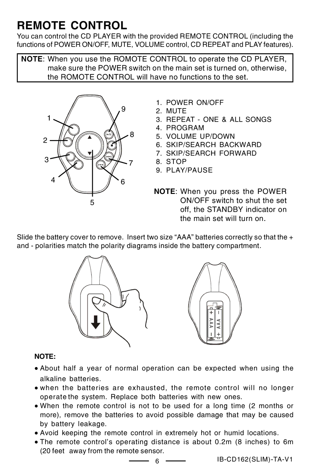 Lenoxx Electronics CD-162 operating instructions Remote Control 