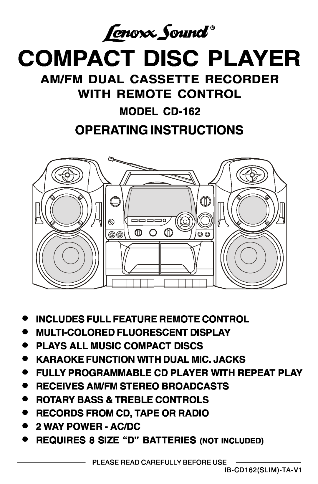 Lenoxx Electronics operating instructions Am/Fm Dual Cassette Recorder With Remote Control, MODEL CD-162 