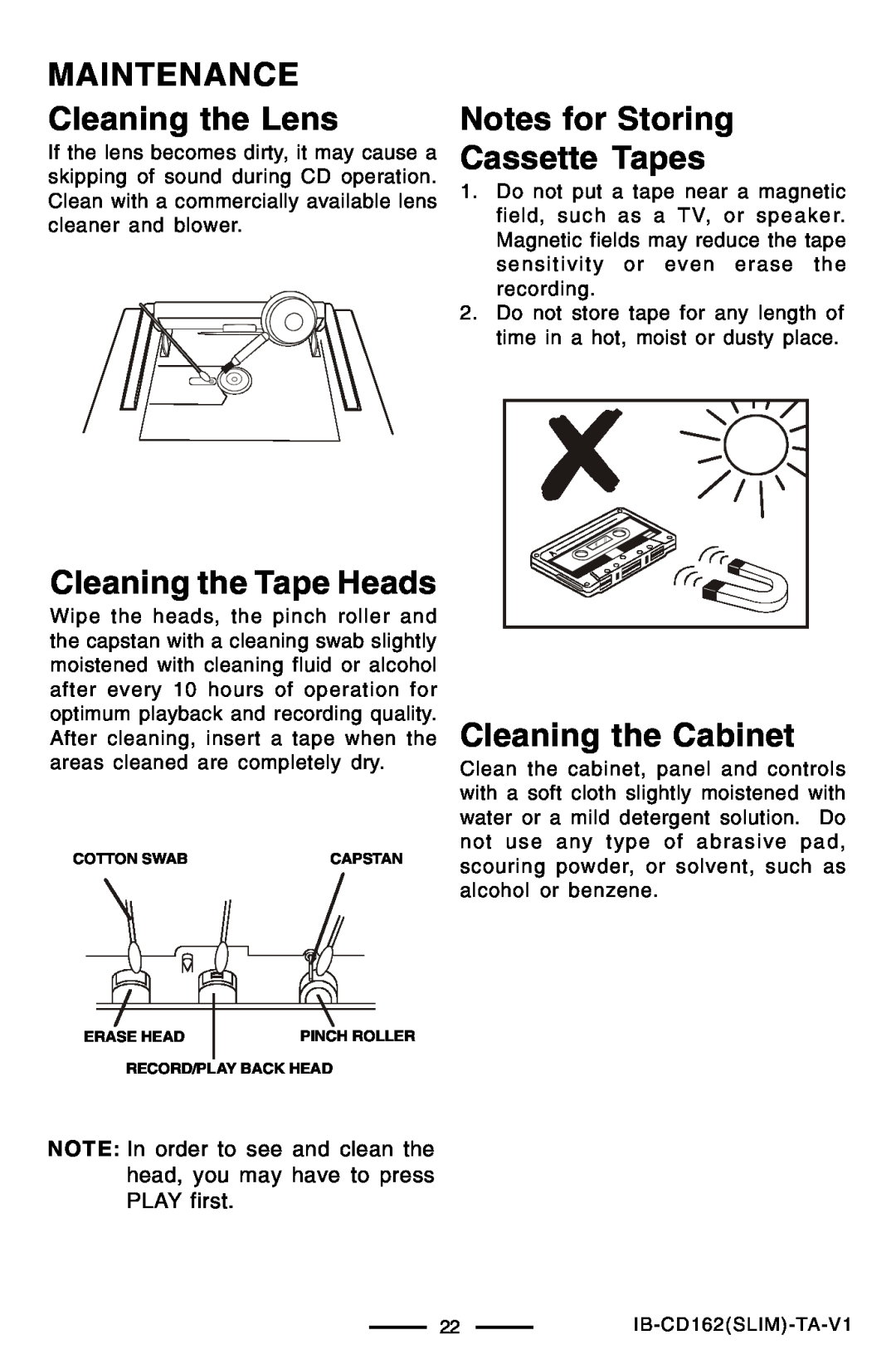 Lenoxx Electronics CD-162 MAINTENANCE Cleaning the Lens, Cleaning the Tape Heads, Notes for Storing Cassette Tapes 