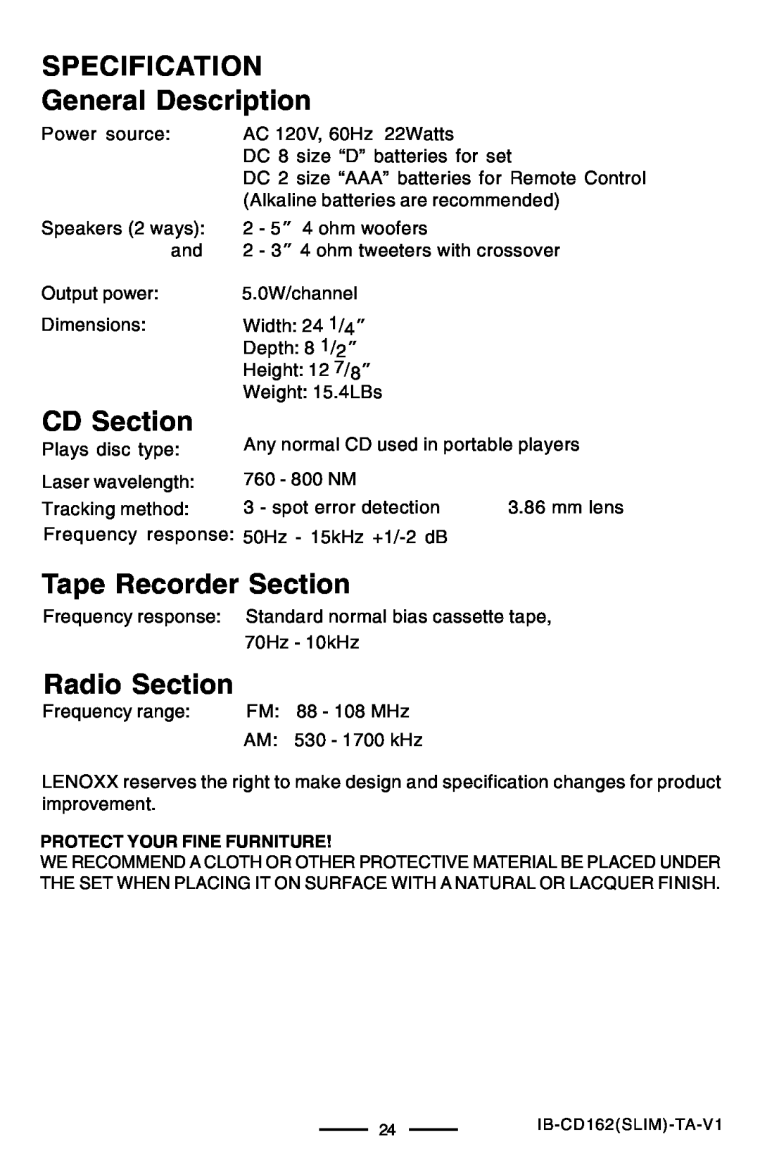 Lenoxx Electronics CD-162 SPECIFICATION General Description, CD Section, Tape Recorder Section, Radio Section 