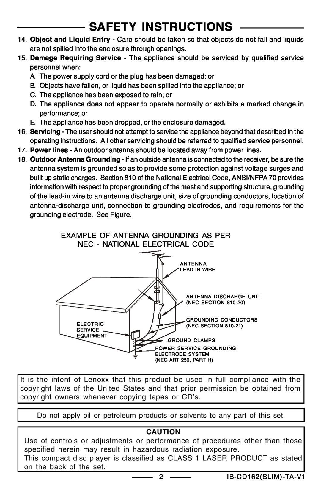 Lenoxx Electronics CD-162 operating instructions Safety Instructions, Example Of Antenna Grounding As Per 