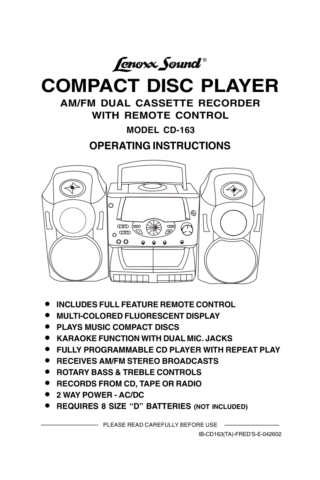 Lenoxx Electronics CD-163 manual Compact Disc Player, AM/FM Dual Cassette Recorder With Remote Control 