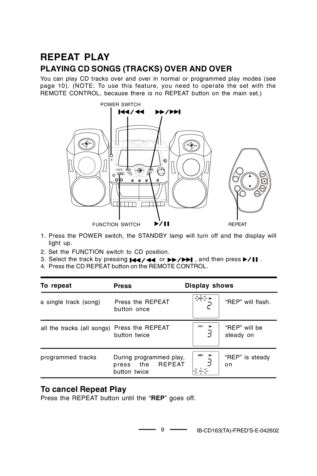 Lenoxx Electronics CD-163 manual Repeat Play, Playing CD Songs Tracks Over and Over 