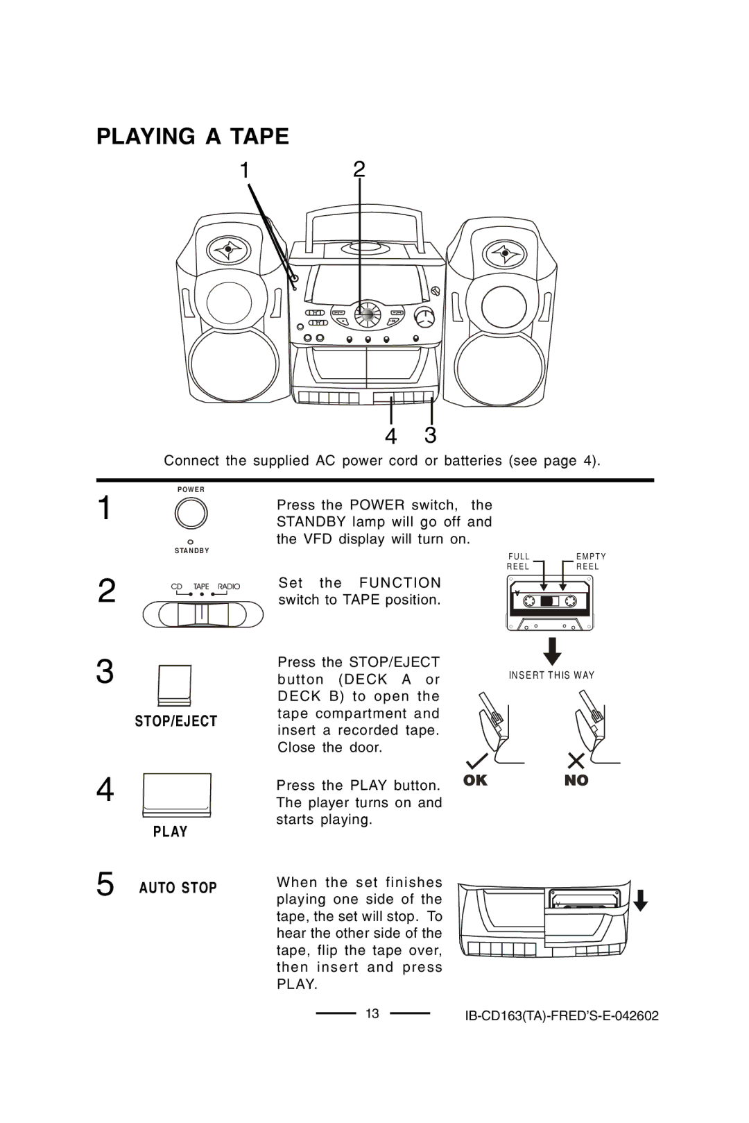 Lenoxx Electronics CD-163 manual Playing a Tape, STOP/EJECT Play Auto Stop 