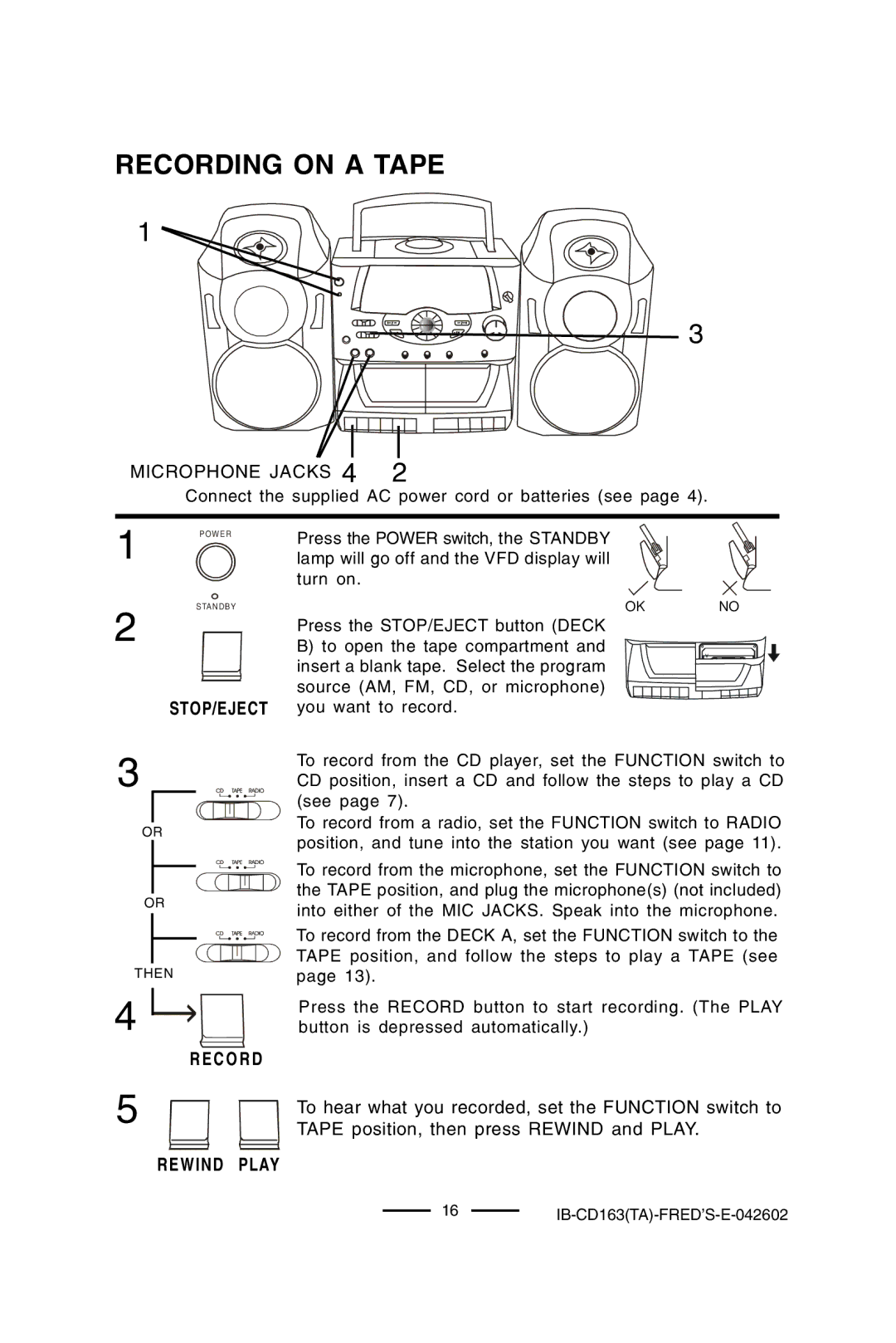 Lenoxx Electronics CD-163 manual Recording on a Tape, Microphone Jacks 4, Stop/Eject, Rewind Play 