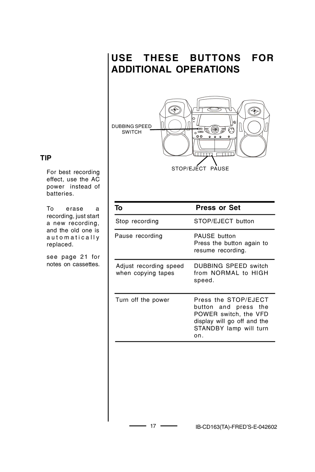 Lenoxx Electronics CD-163 manual STOP/EJECT Pause 