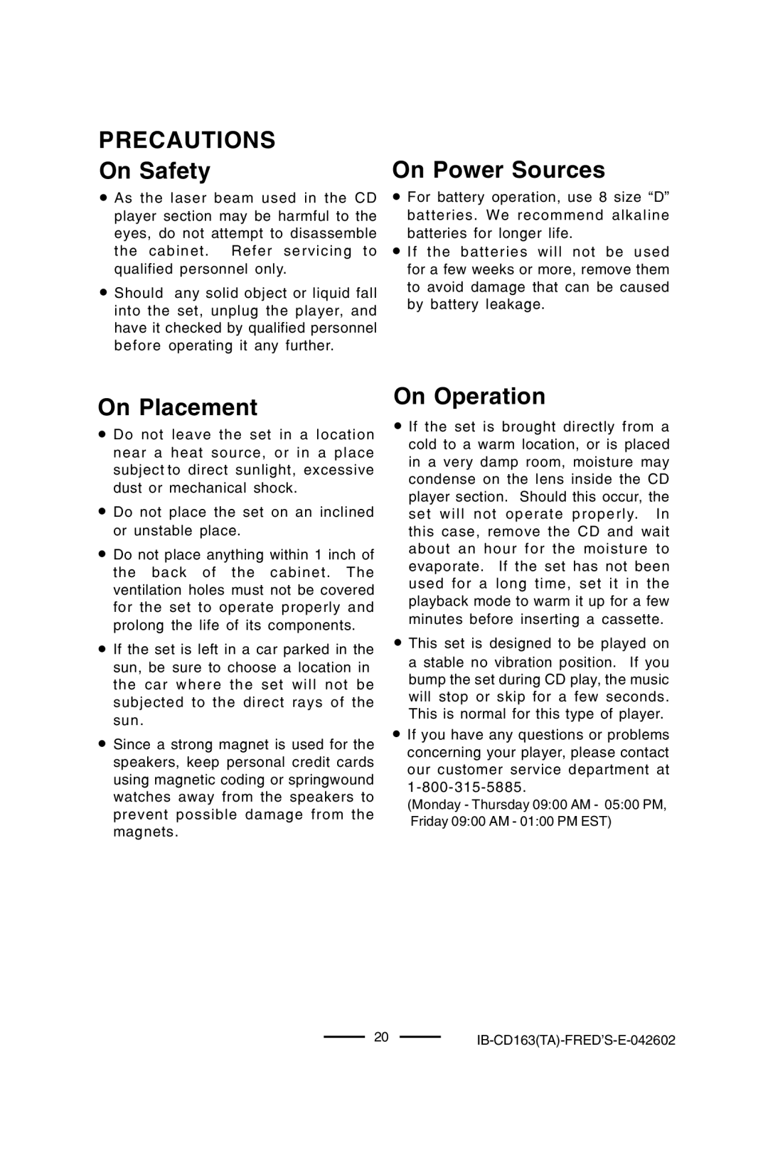 Lenoxx Electronics CD-163 manual Precautions, On Safety, On Power Sources, On Placement, On Operation 