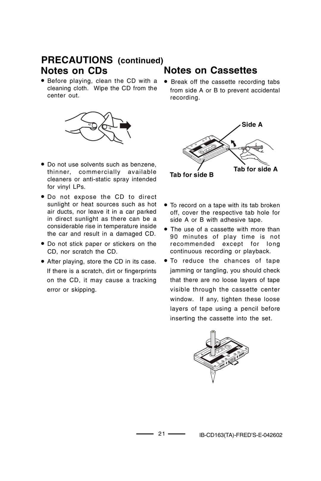 Lenoxx Electronics CD-163 manual Precautions Notes on CDs, Side a 