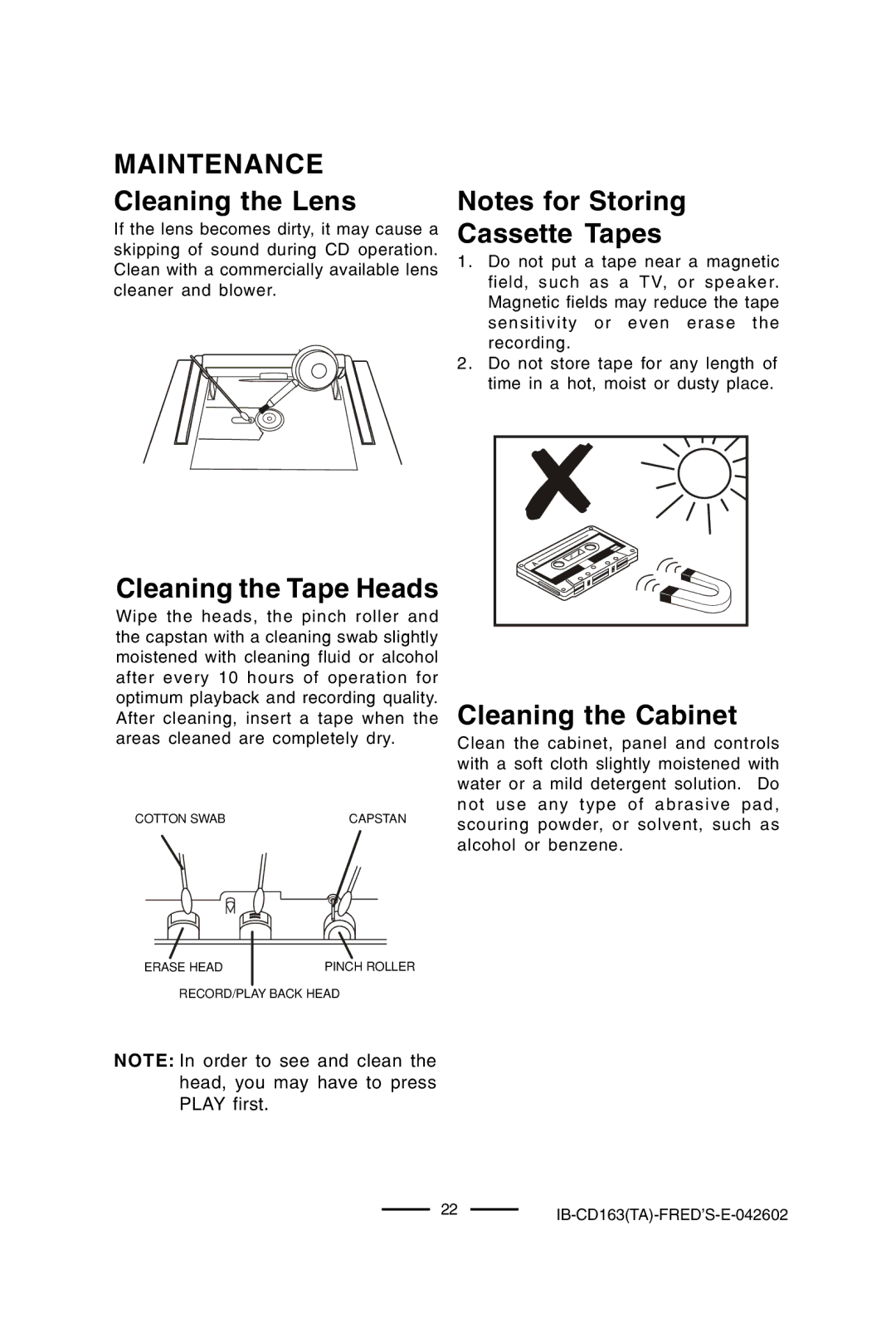 Lenoxx Electronics CD-163 Maintenance, Cleaning the Lens, Cleaning the Tape Heads, Cassette Tapes, Cleaning the Cabinet 