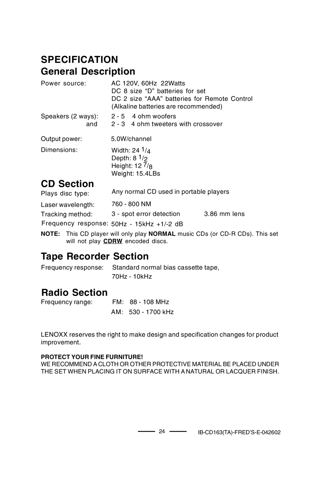 Lenoxx Electronics CD-163 manual Specification, General Description, CD Section, Tape Recorder Section, Radio Section 