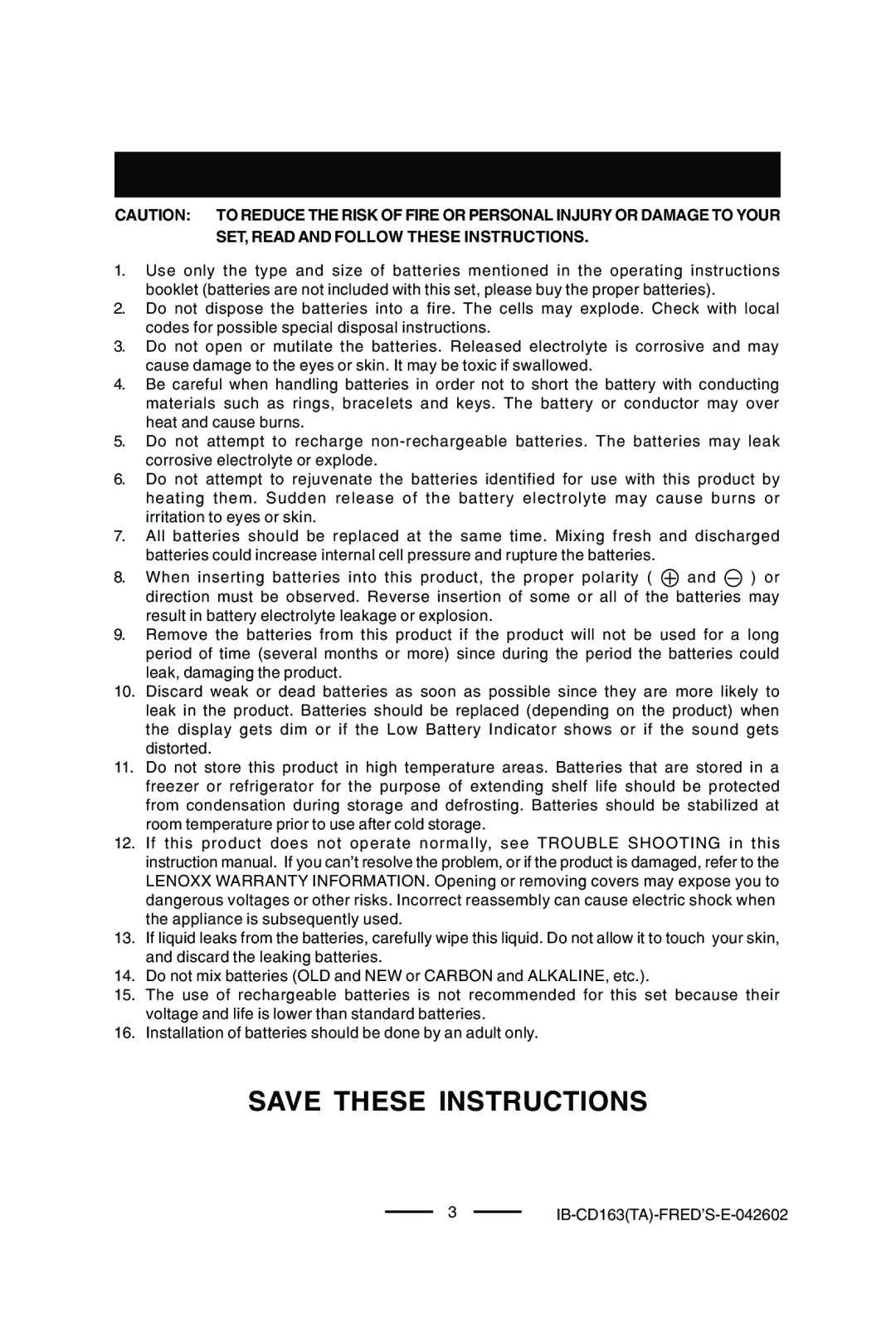 Lenoxx Electronics CD-163 manual Battery Safety Instructions 