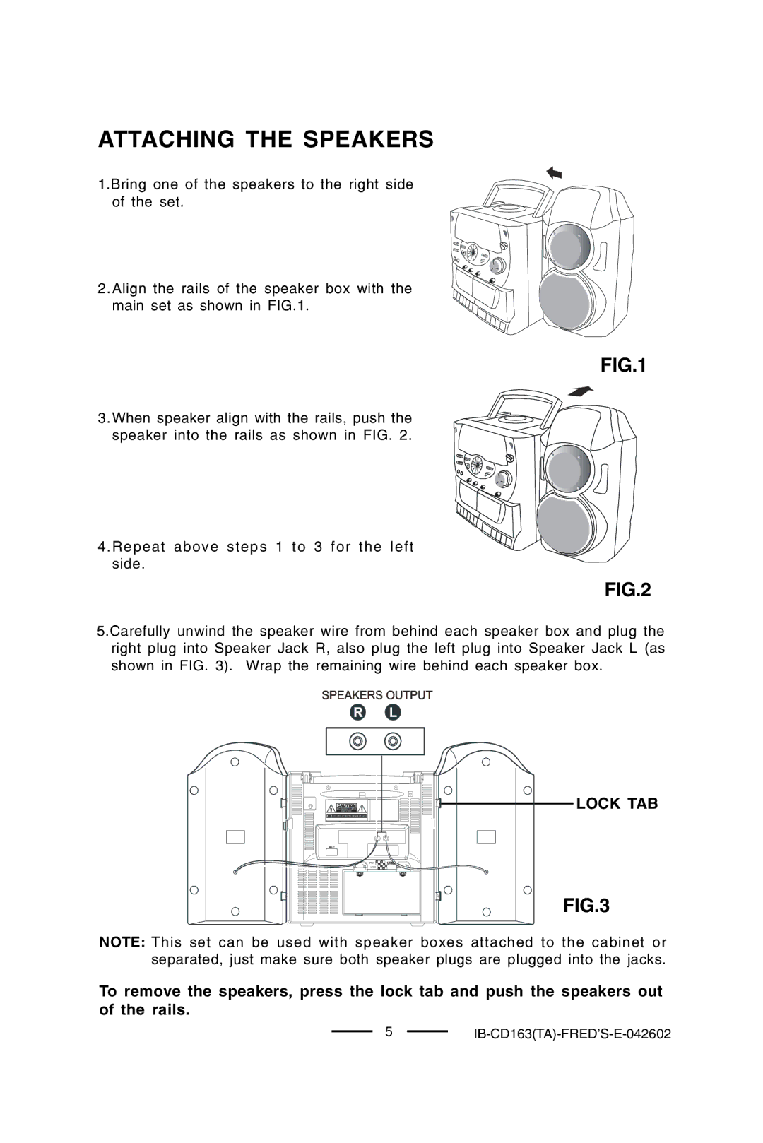 Lenoxx Electronics CD-163 manual Attaching the Speakers, Lock TAB 