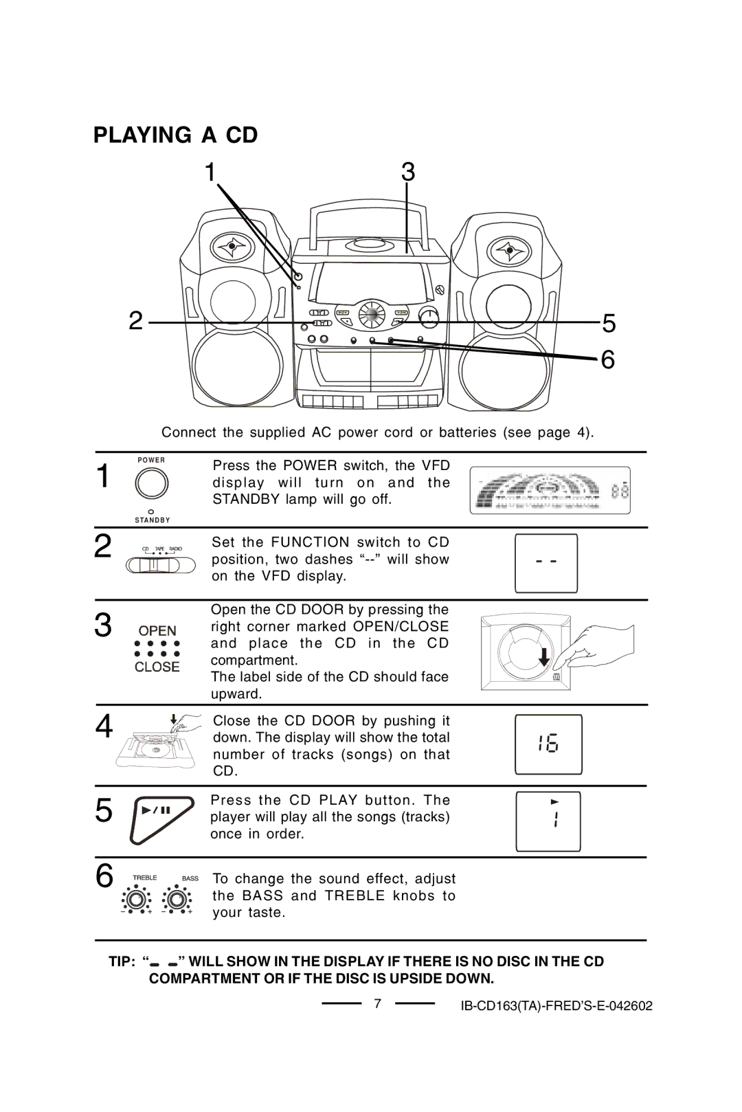 Lenoxx Electronics CD-163 manual Playing a CD 