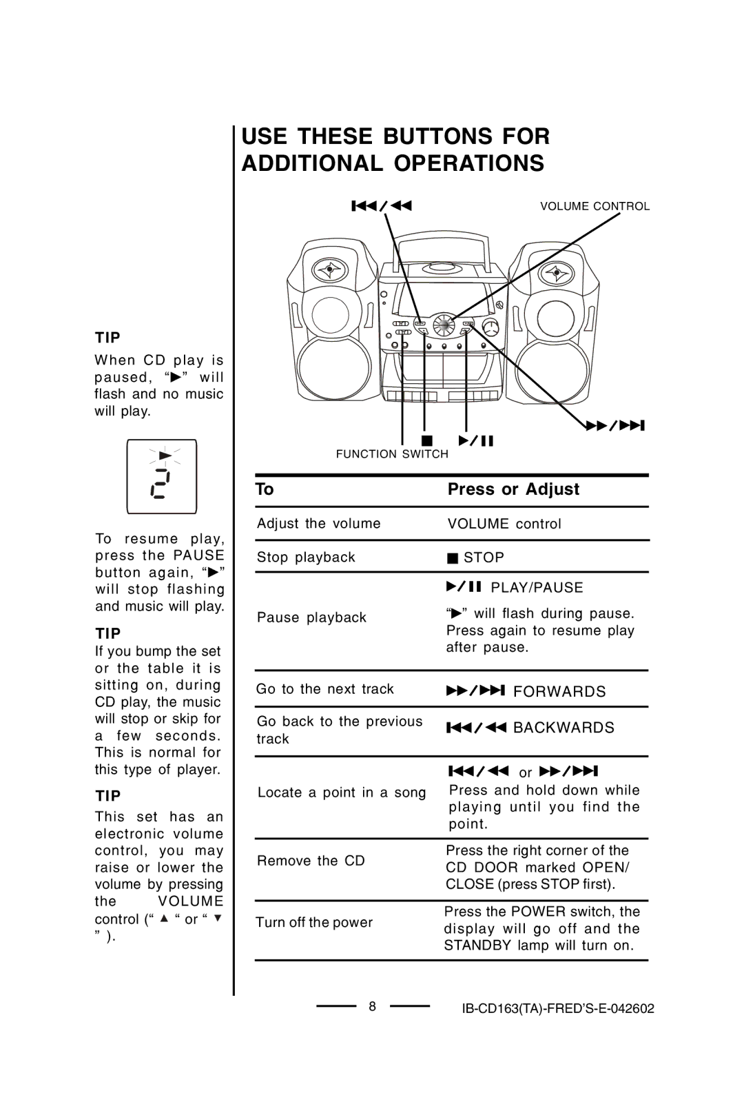 Lenoxx Electronics CD-163 manual USE These Buttons for Additional Operations, Tip, Forwards, Backwards 