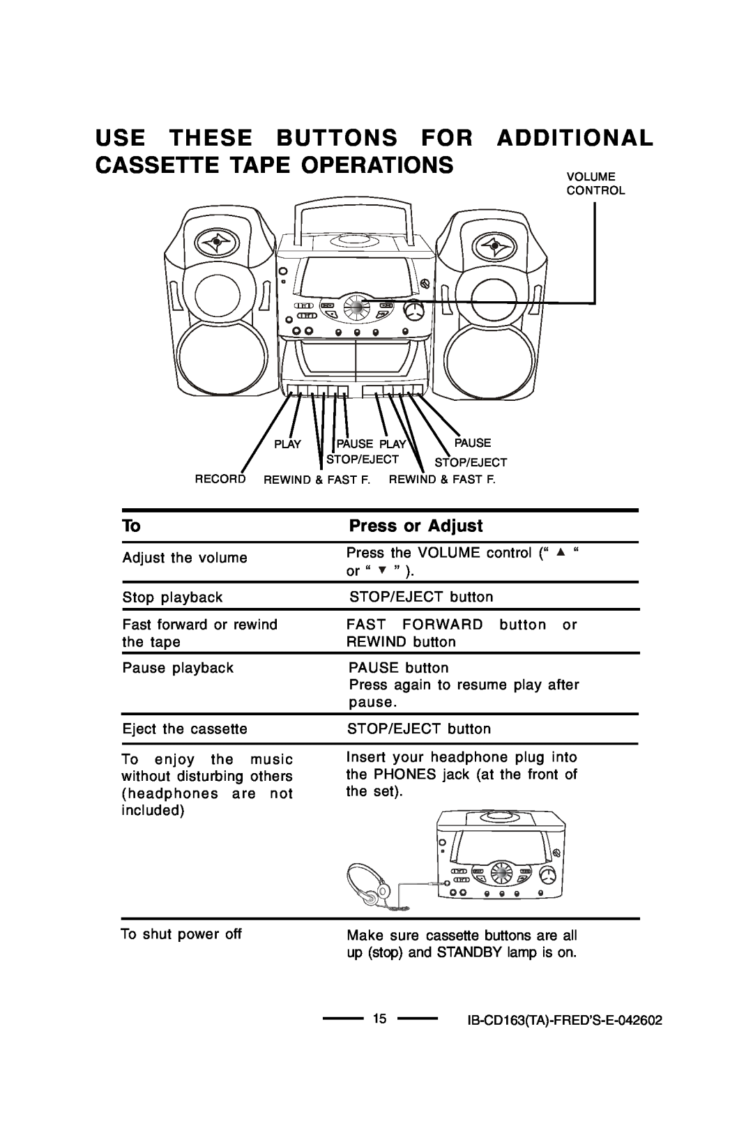 Lenoxx Electronics CD-163 manual Press or Adjust, Adjust the volume 