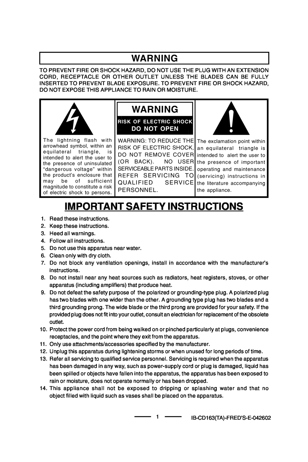 Lenoxx Electronics CD-163 manual Important Safety Instructions, Do Not Open, Risk Of Electric Shock 
