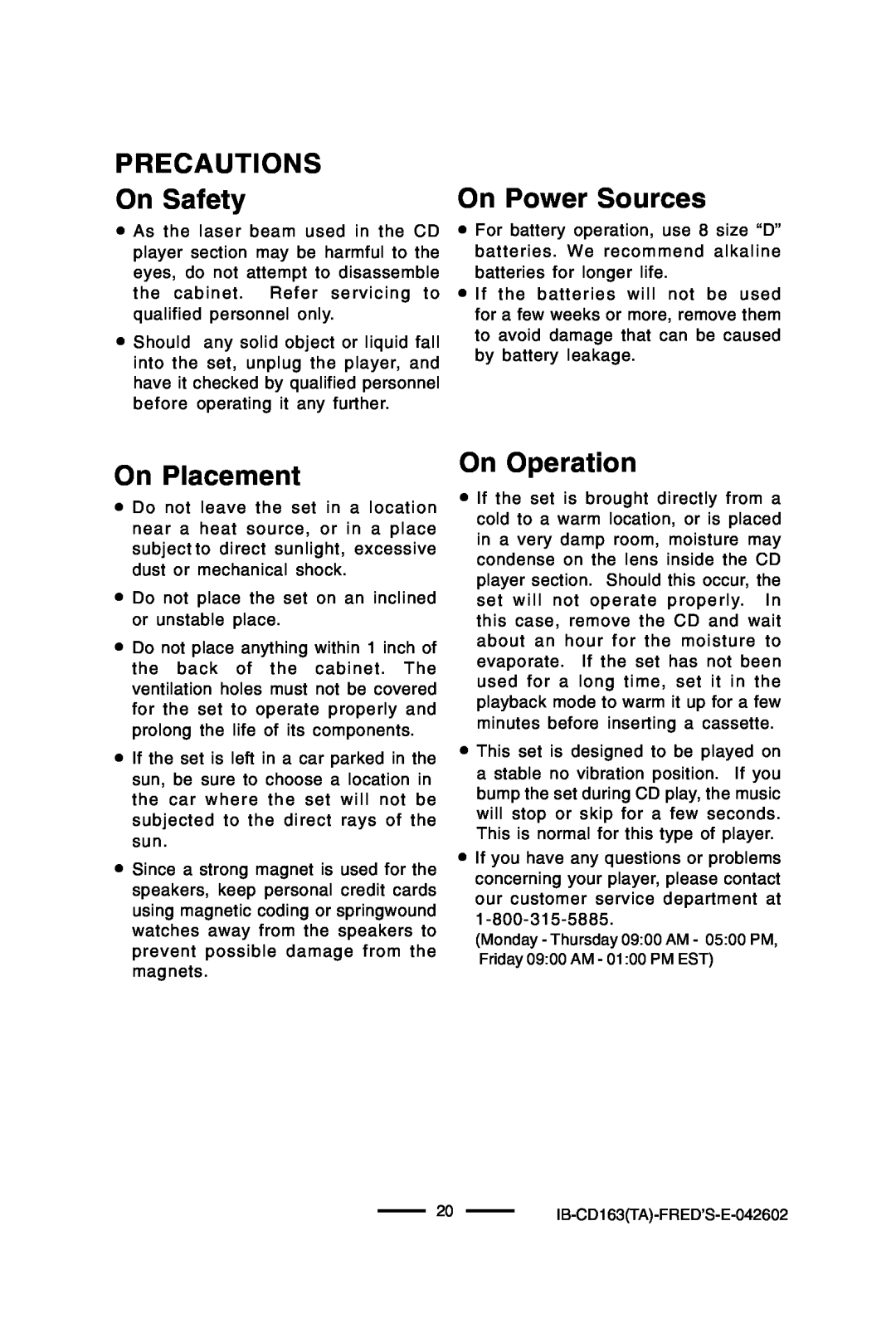 Lenoxx Electronics CD-163 manual PRECAUTIONS On Safety, On Power Sources, On Placement, On Operation 
