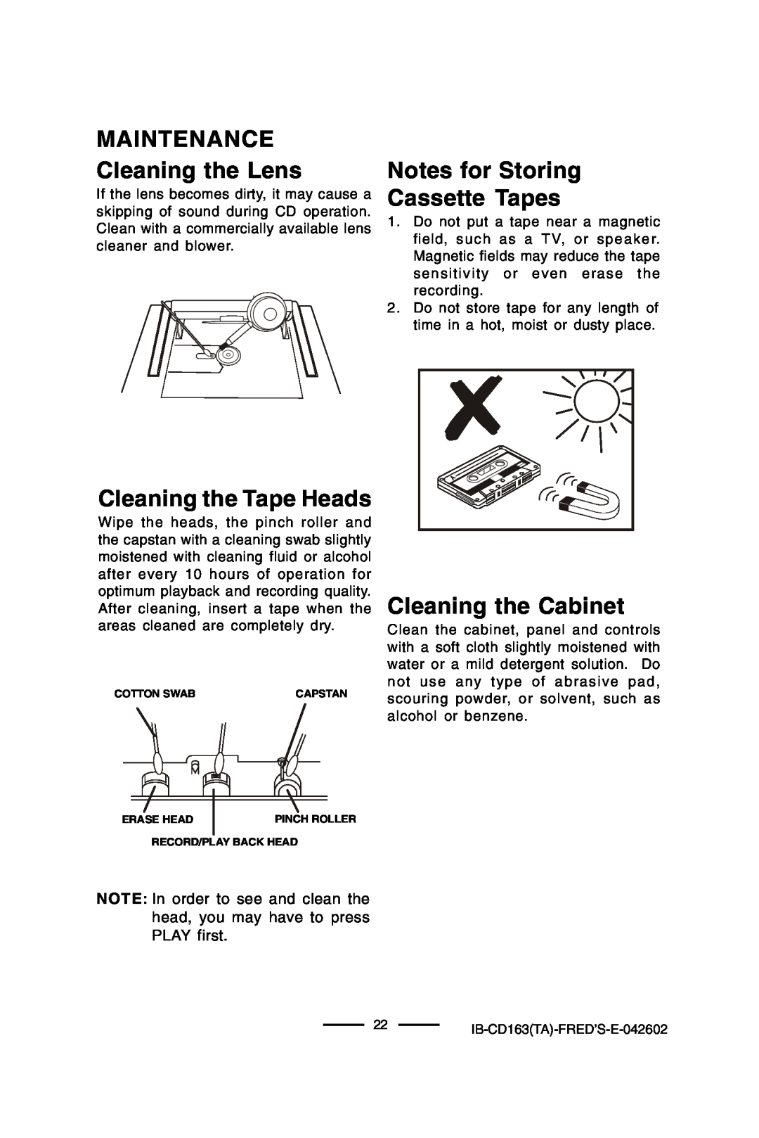 Lenoxx Electronics CD-163 manual MAINTENANCE Cleaning the Lens, Cleaning the Tape Heads, Notes for Storing Cassette Tapes 