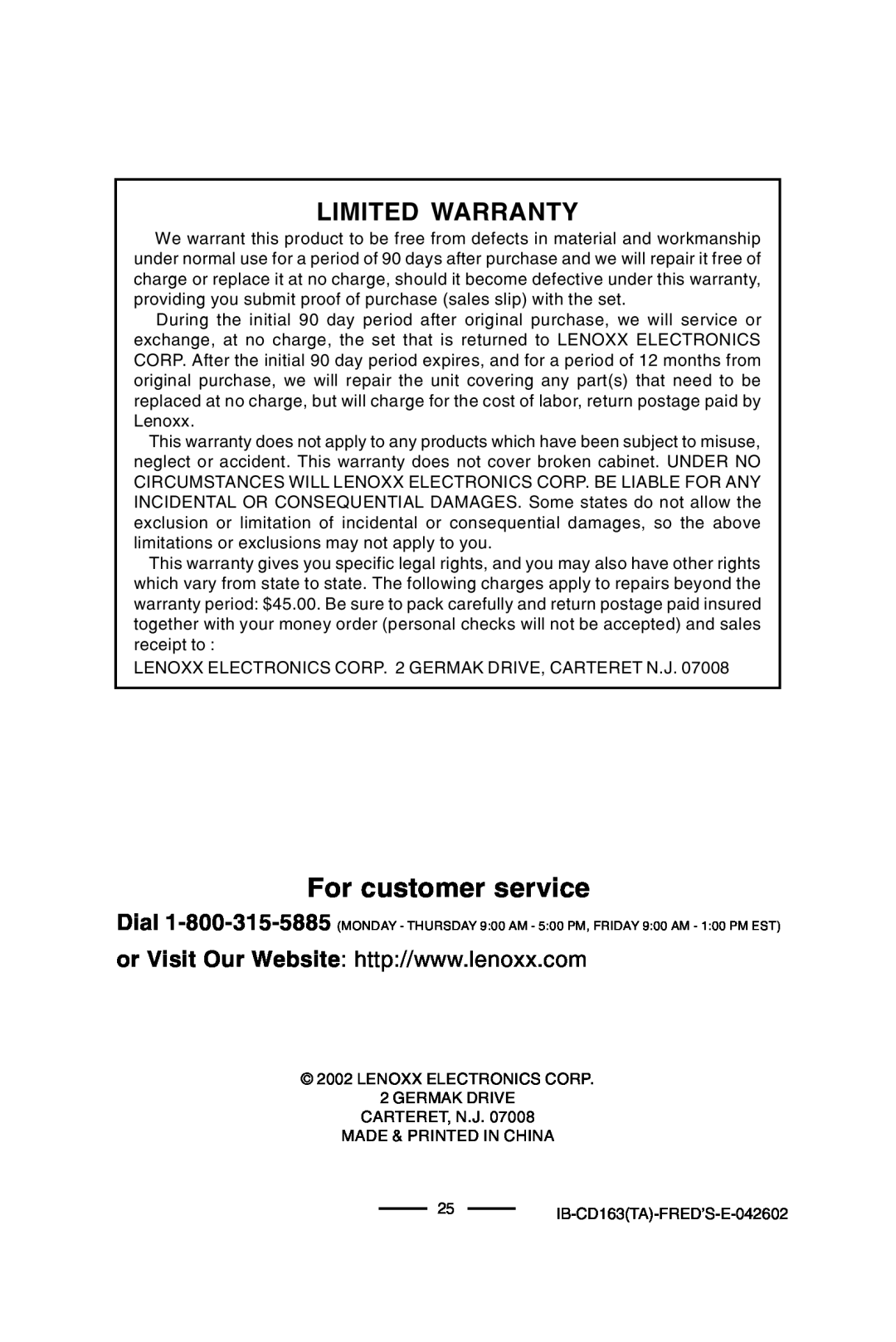 Lenoxx Electronics CD-163 manual For customer service, Limited Warranty 
