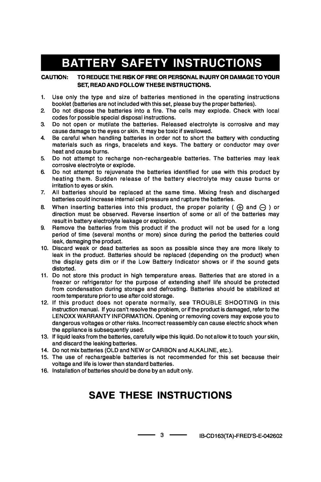Lenoxx Electronics CD-163 manual Save These Instructions, Battery Safety Instructions 