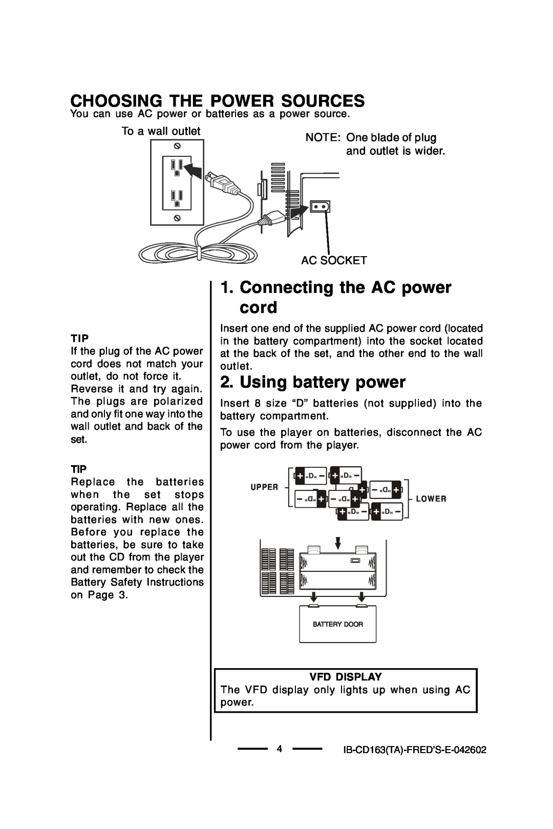 Lenoxx Electronics CD-163 Choosing The Power Sources, Connecting the AC power cord, Using battery power, To a wall outlet 