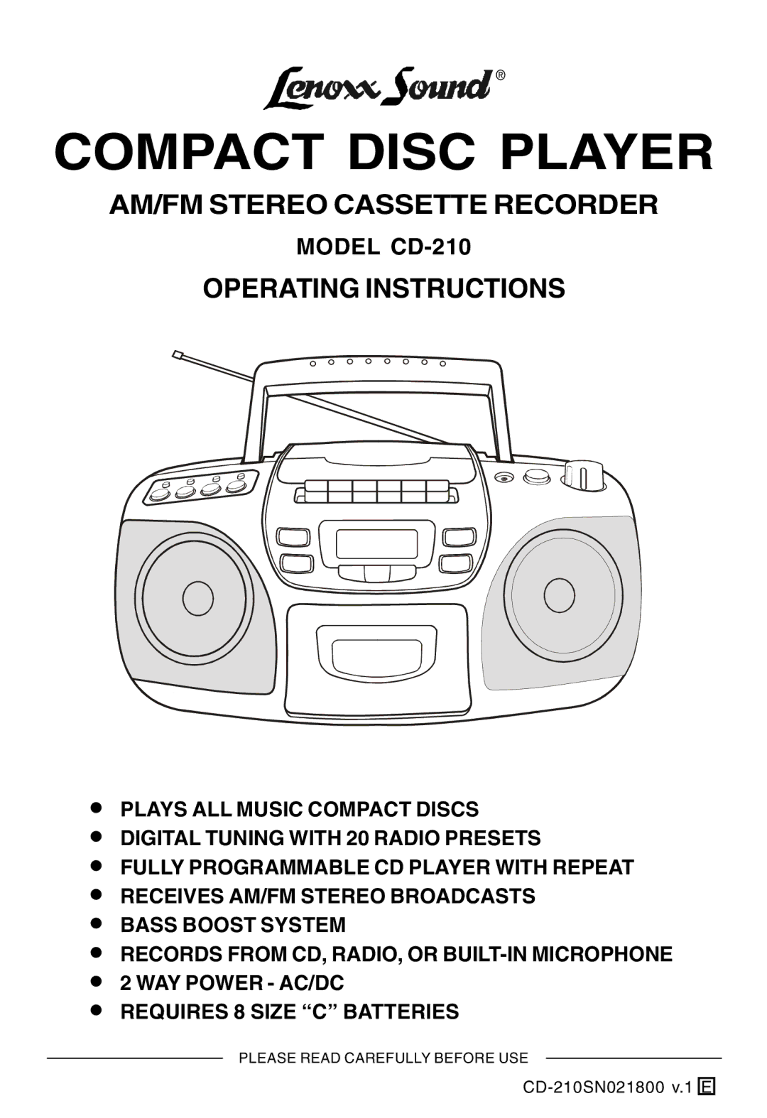 Lenoxx Electronics CD-210 manual Compact Disc Player 