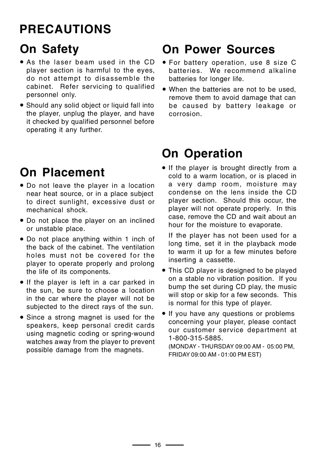 Lenoxx Electronics CD-210 manual Precautions, On Safety, On Placement, On Power Sources, On Operation 