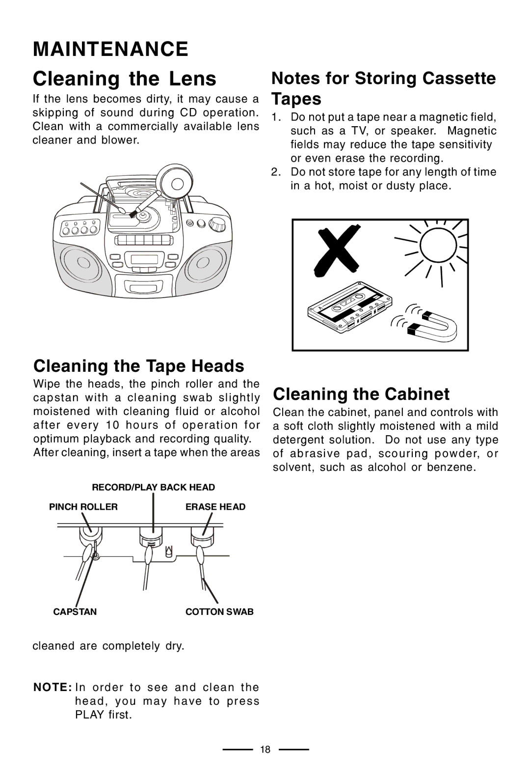 Lenoxx Electronics CD-210 manual Maintenance Cleaning the Lens, Cleaning the Tape Heads 