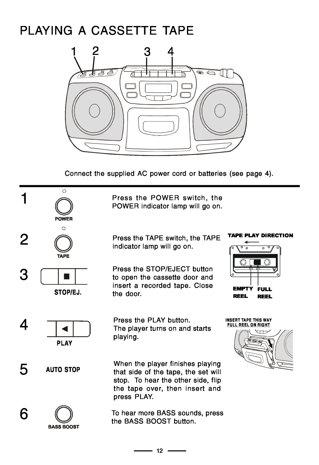 Lenoxx Electronics CD-210 manual Playing A Cassette Tape, Tape Play Direction Empty Full Reel Reel 