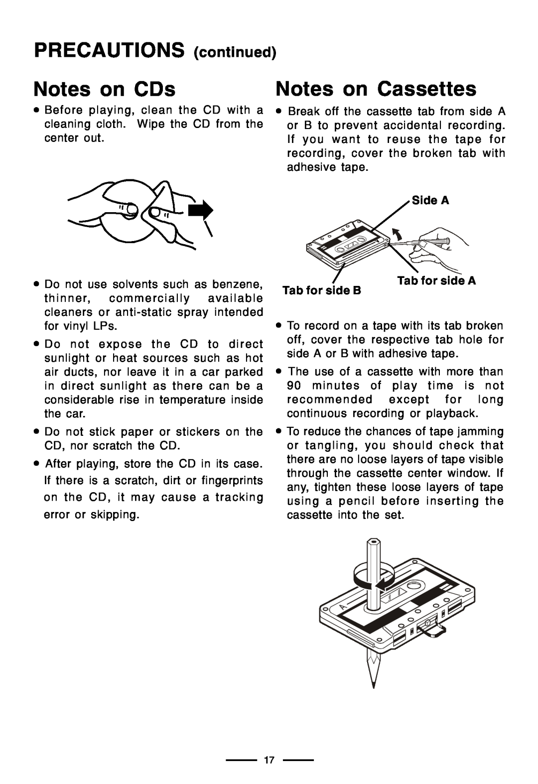 Lenoxx Electronics CD-210 manual PRECAUTIONS continued, Notes on CDs, Notes on Cassettes 