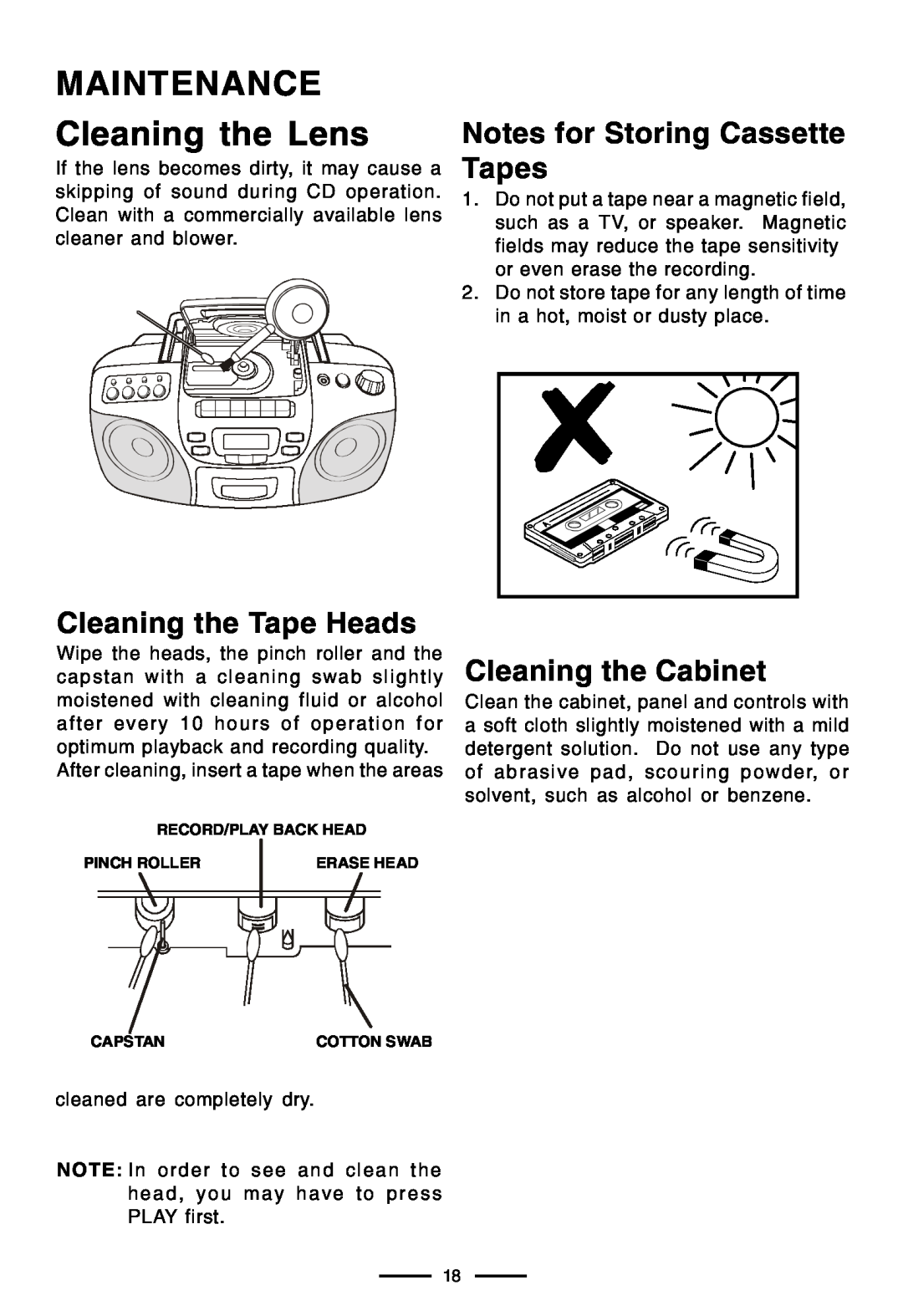 Lenoxx Electronics CD-210 manual MAINTENANCE Cleaning the Lens, Cleaning the Tape Heads, Notes for Storing Cassette Tapes 