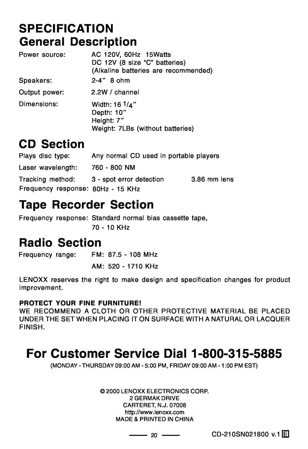 Lenoxx Electronics CD-210 manual SPECIFICATION General Description, CD Section, Tape Recorder Section, Radio Section 