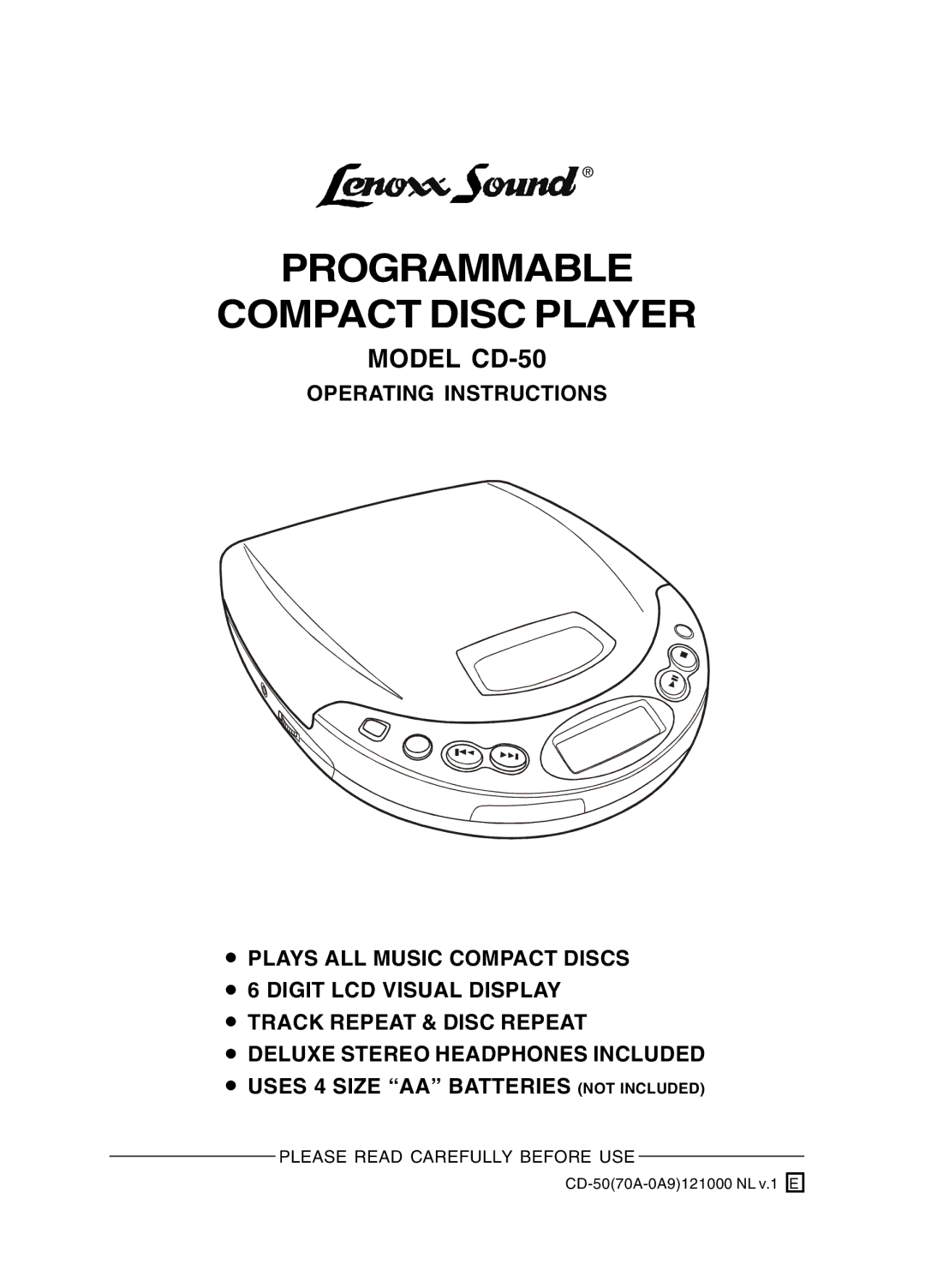 Lenoxx Electronics operating instructions Programmable Compact Disc Player, Model CD-50 