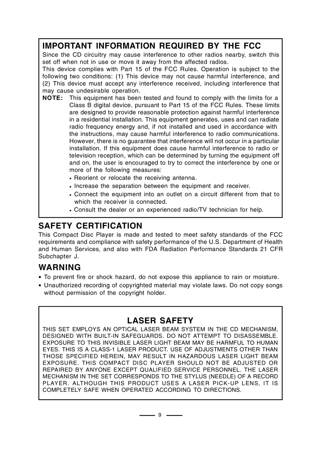 Lenoxx Electronics CD-50 Important Information Required by the FCC, Safety Certification, Laser Safety 