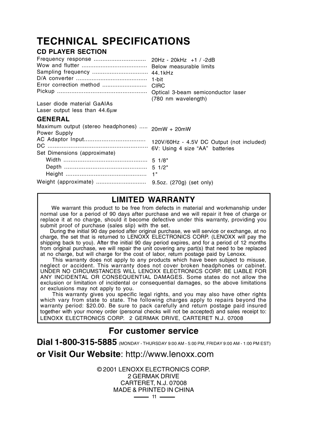 Lenoxx Electronics CD-50 operating instructions Technical Specifications, For customer service, Limited Warranty 