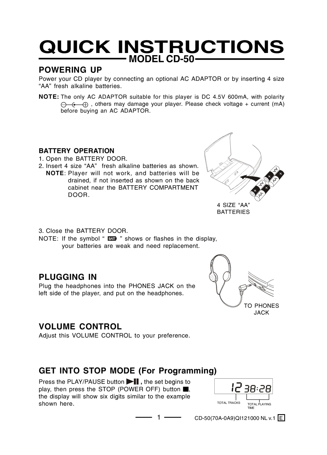 Lenoxx Electronics CD-50 operating instructions Powering UP, Plugging, Volume Control, GET Into Stop Mode For Programming 