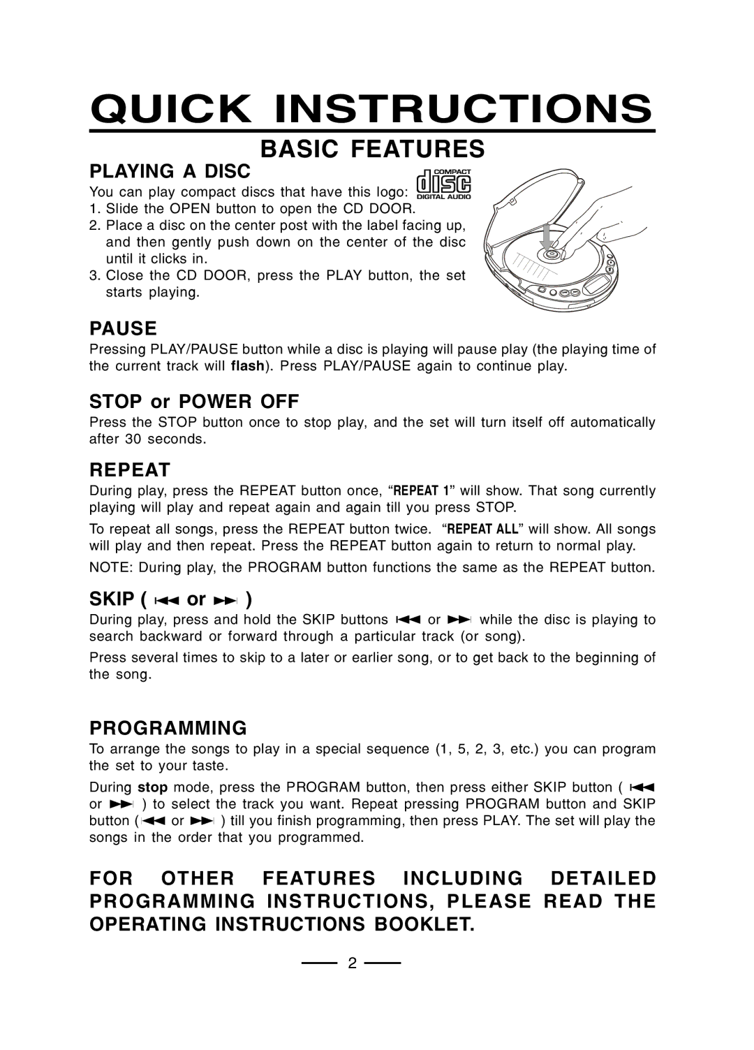 Lenoxx Electronics CD-50 operating instructions Basic Features, Playing a Disc, Pause, Repeat, Programming 