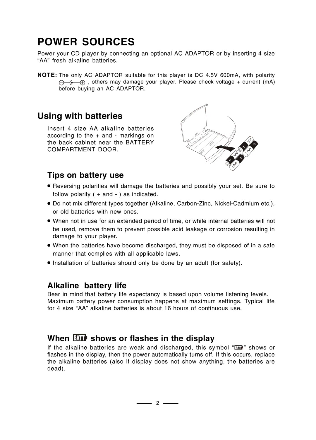 Lenoxx Electronics CD-50 Power Sources, Using with batteries, Tips on battery use, Alkaline battery life 