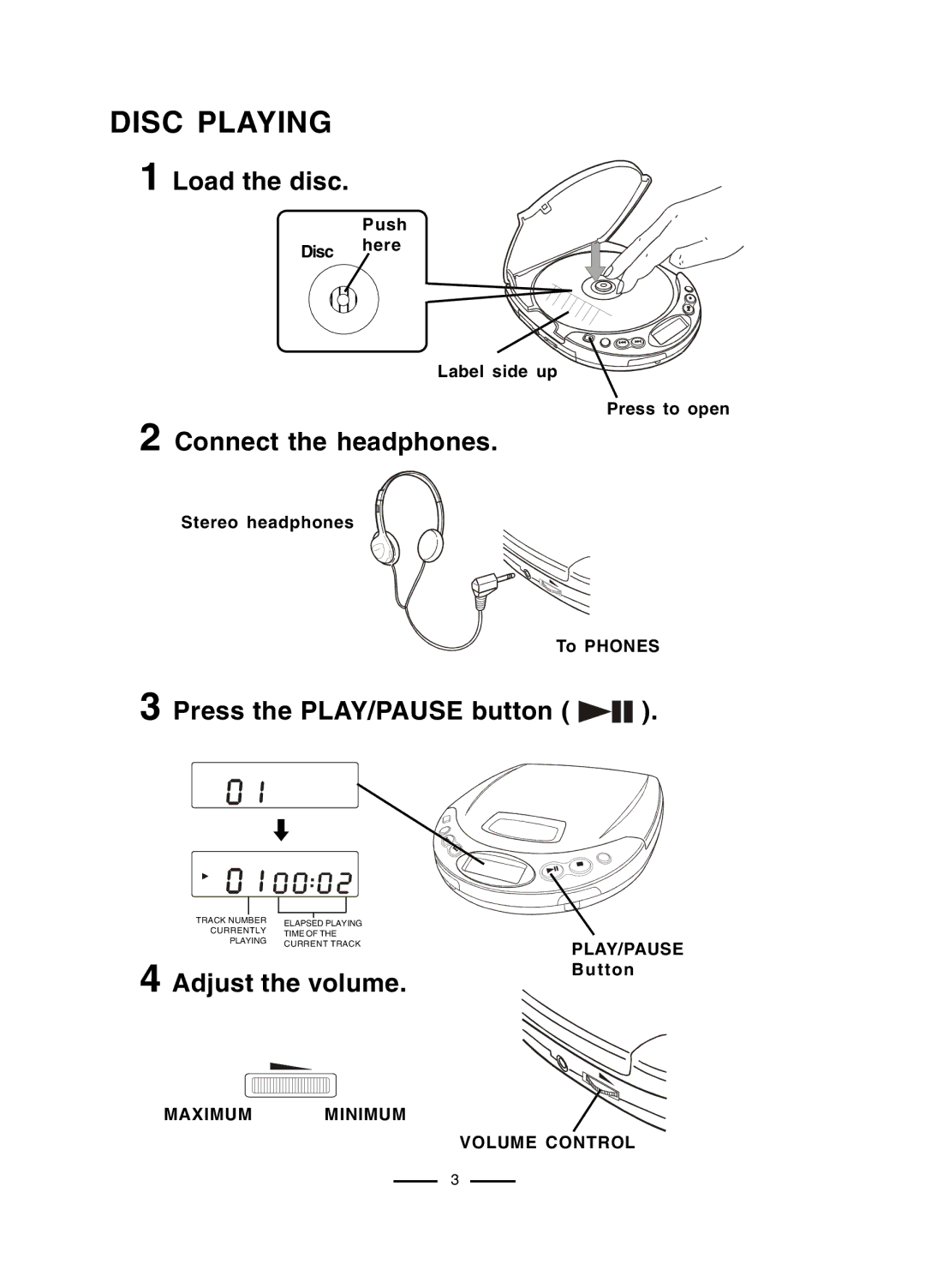 Lenoxx Electronics CD-50 Disc Playing, Load the disc, Connect the headphones, Press the PLAY/PAUSE button 