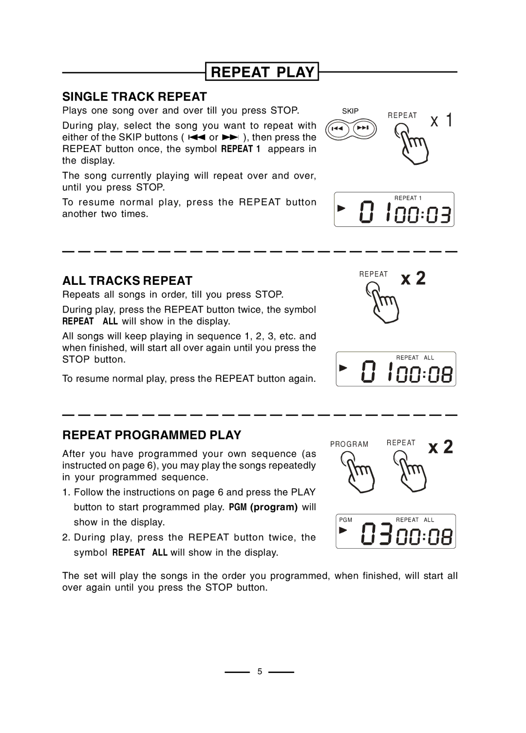 Lenoxx Electronics CD-50 operating instructions Repeat Play, Single Track Repeat 