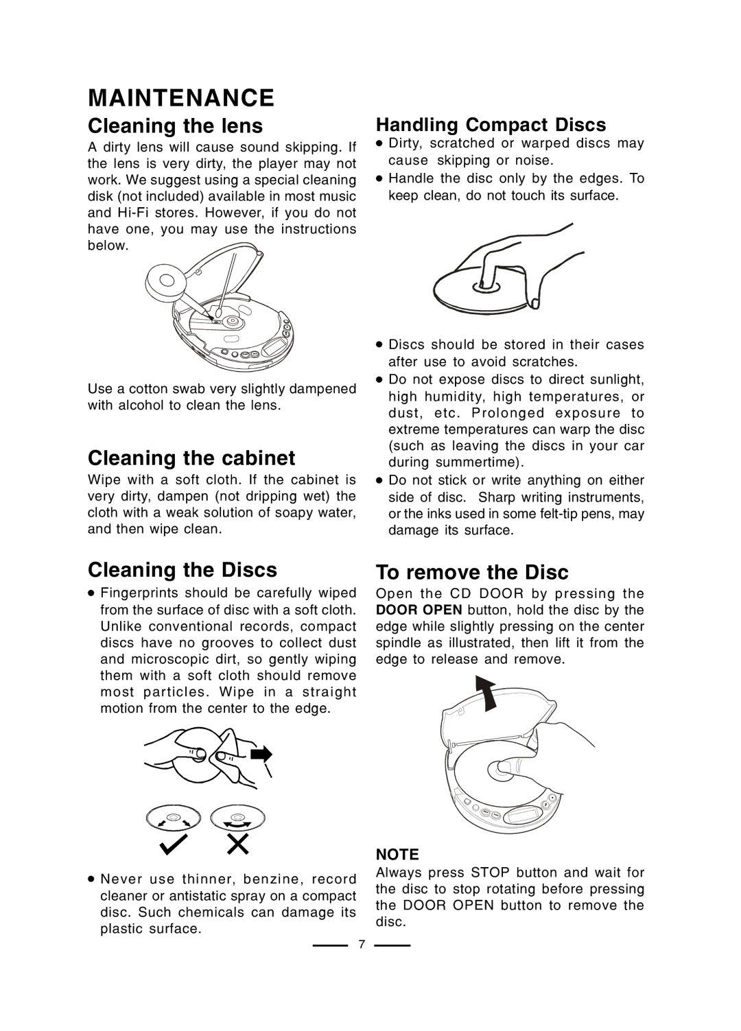 Lenoxx Electronics CD-50 Maintenance, Cleaning the lens, Cleaning the cabinet, Cleaning the Discs, To remove the Disc 