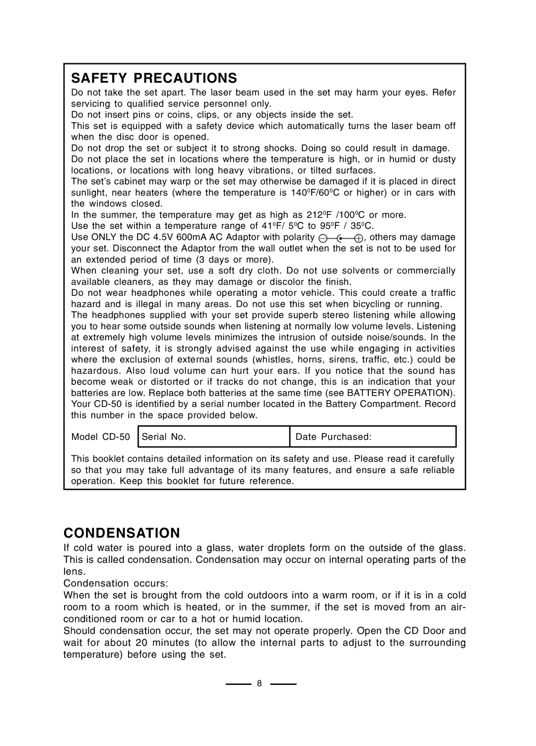 Lenoxx Electronics CD-50 operating instructions Safety Precautions, Condensation 