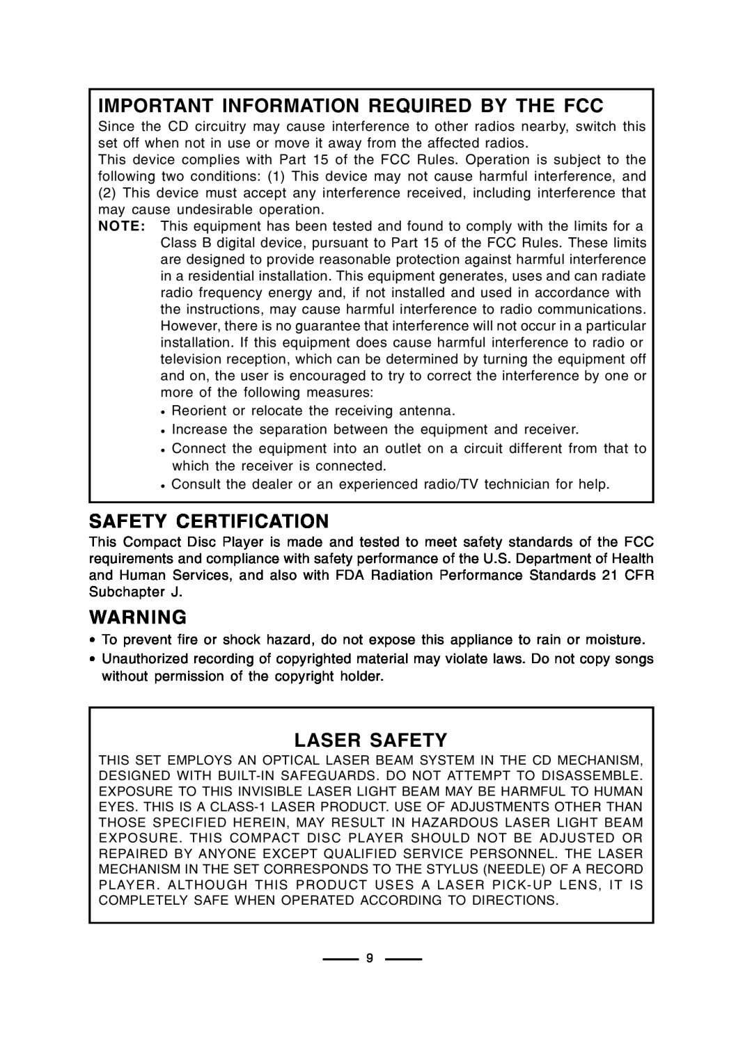 Lenoxx Electronics CD-50 Important Information Required By The Fcc, Safety Certification, Laser Safety 