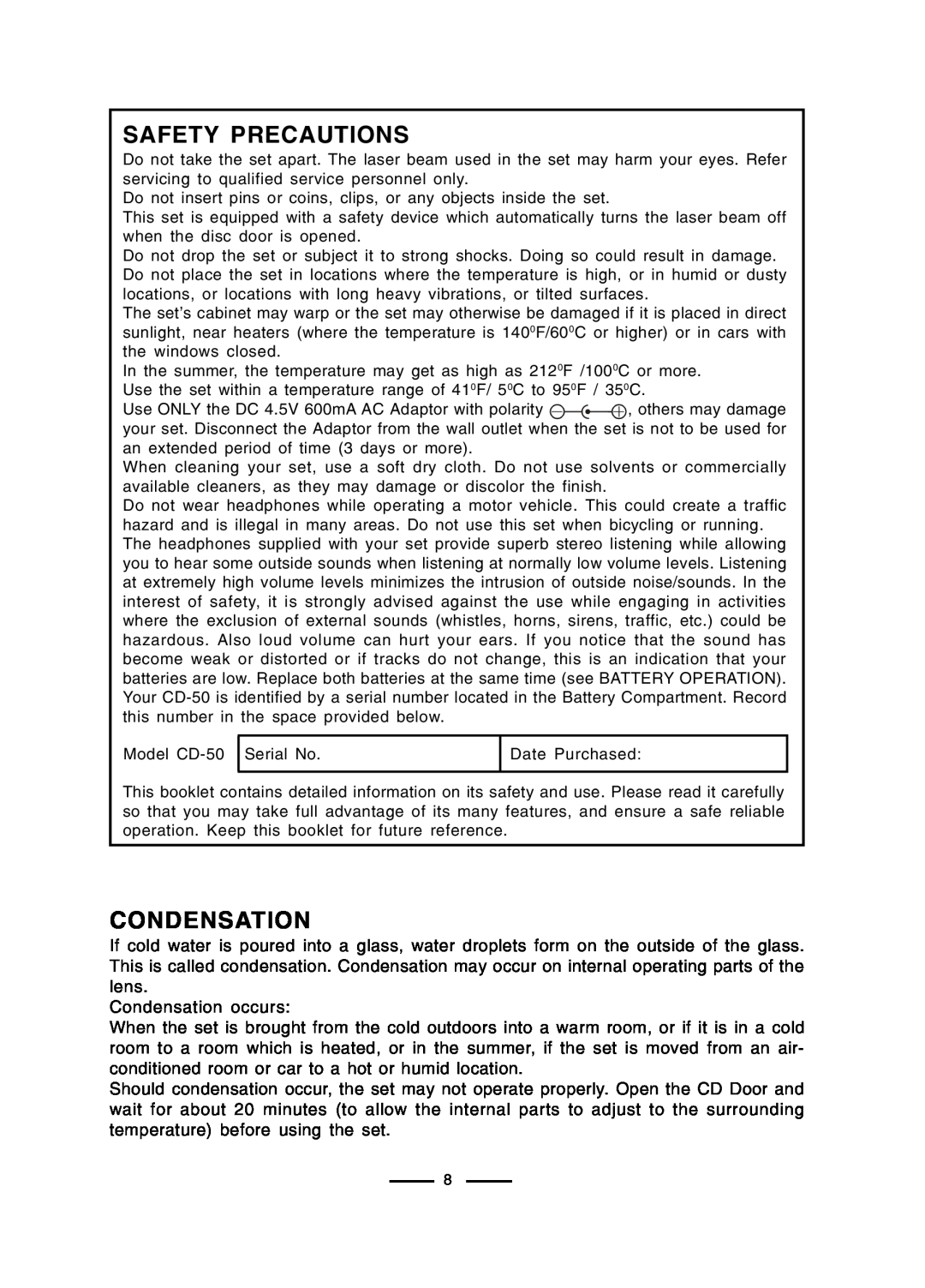 Lenoxx Electronics CD-50 operating instructions Safety Precautions, Condensation 