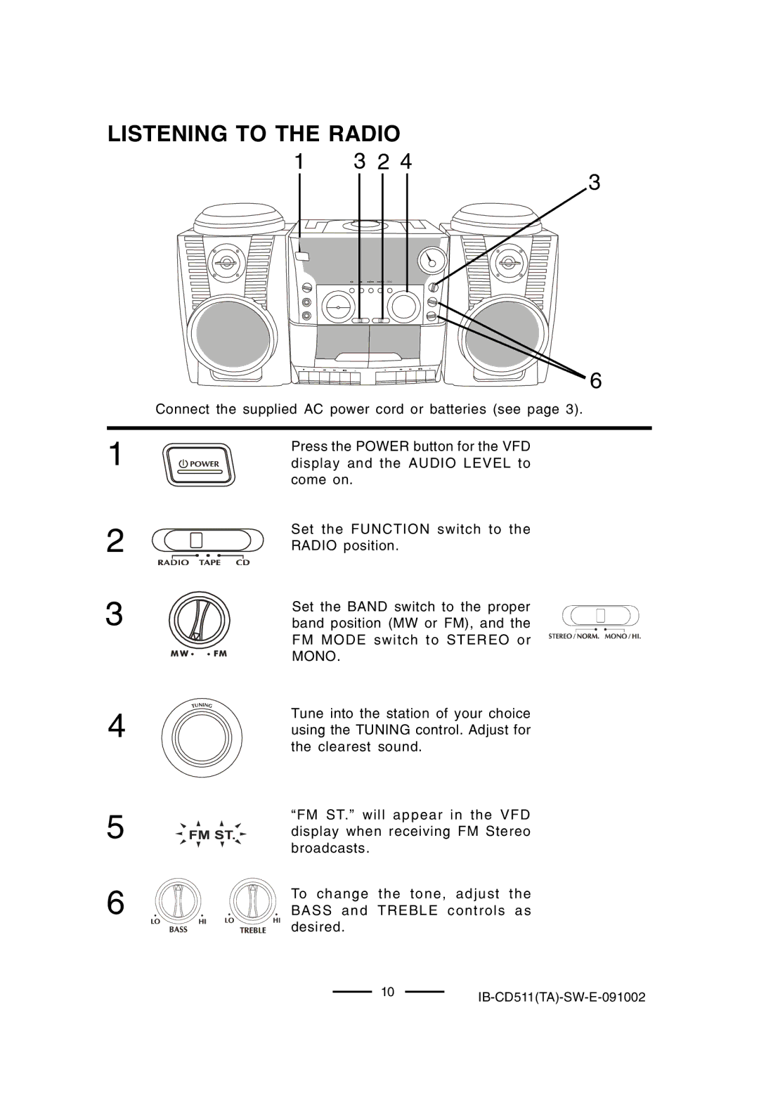 Lenoxx Electronics CD-511 manual Listening to the Radio, Mono 