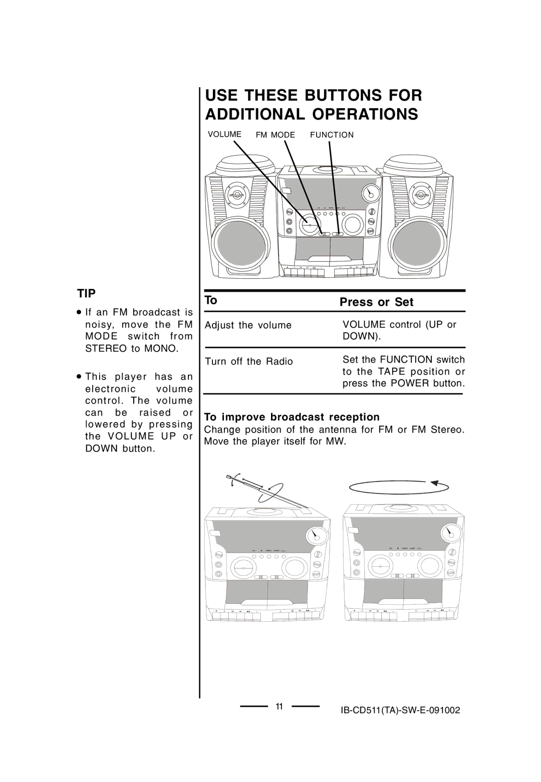 Lenoxx Electronics CD-511 manual To improve broadcast reception, Down 