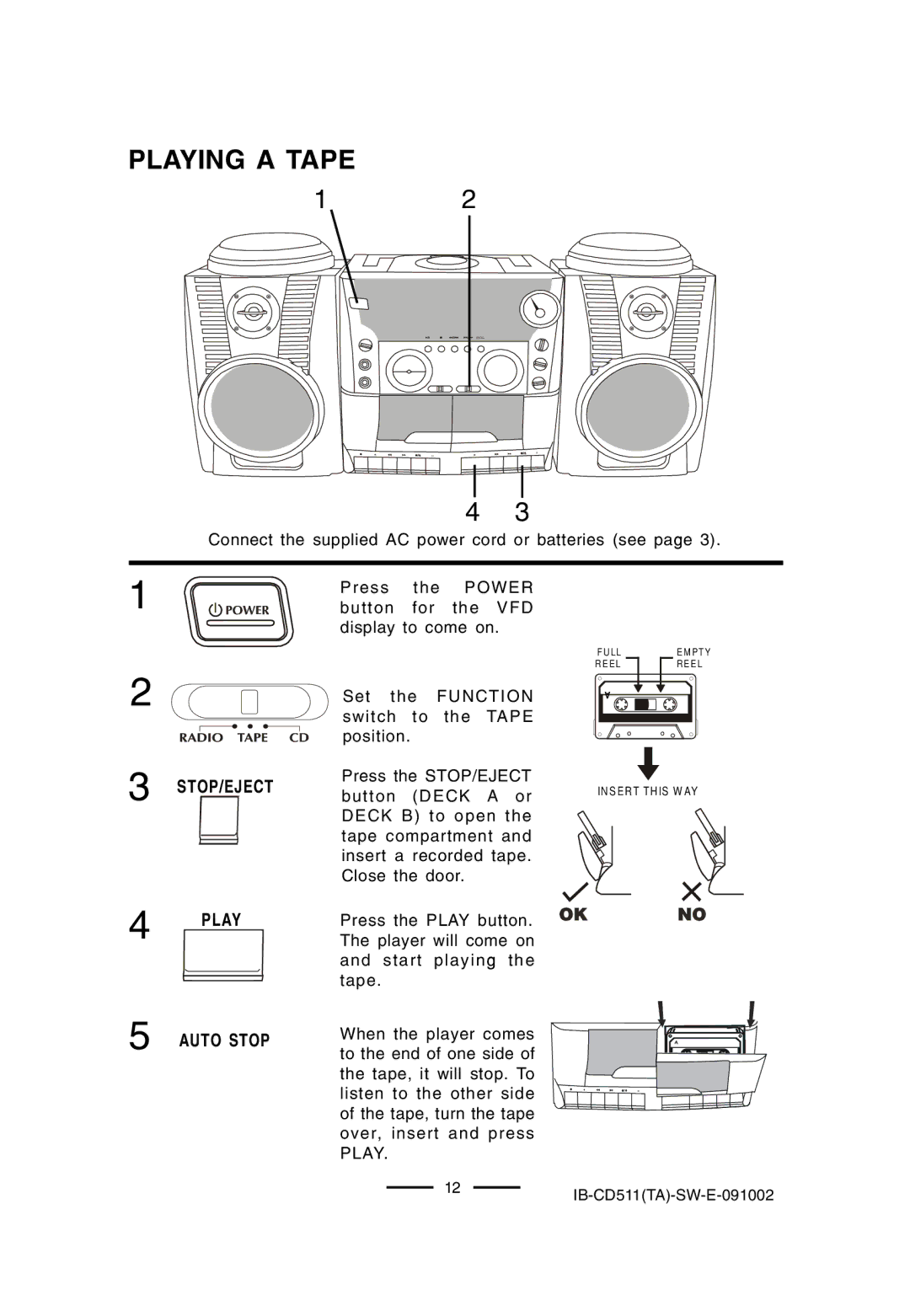 Lenoxx Electronics CD-511 manual Playing a Tape, Stop/Eject, Auto Stop 