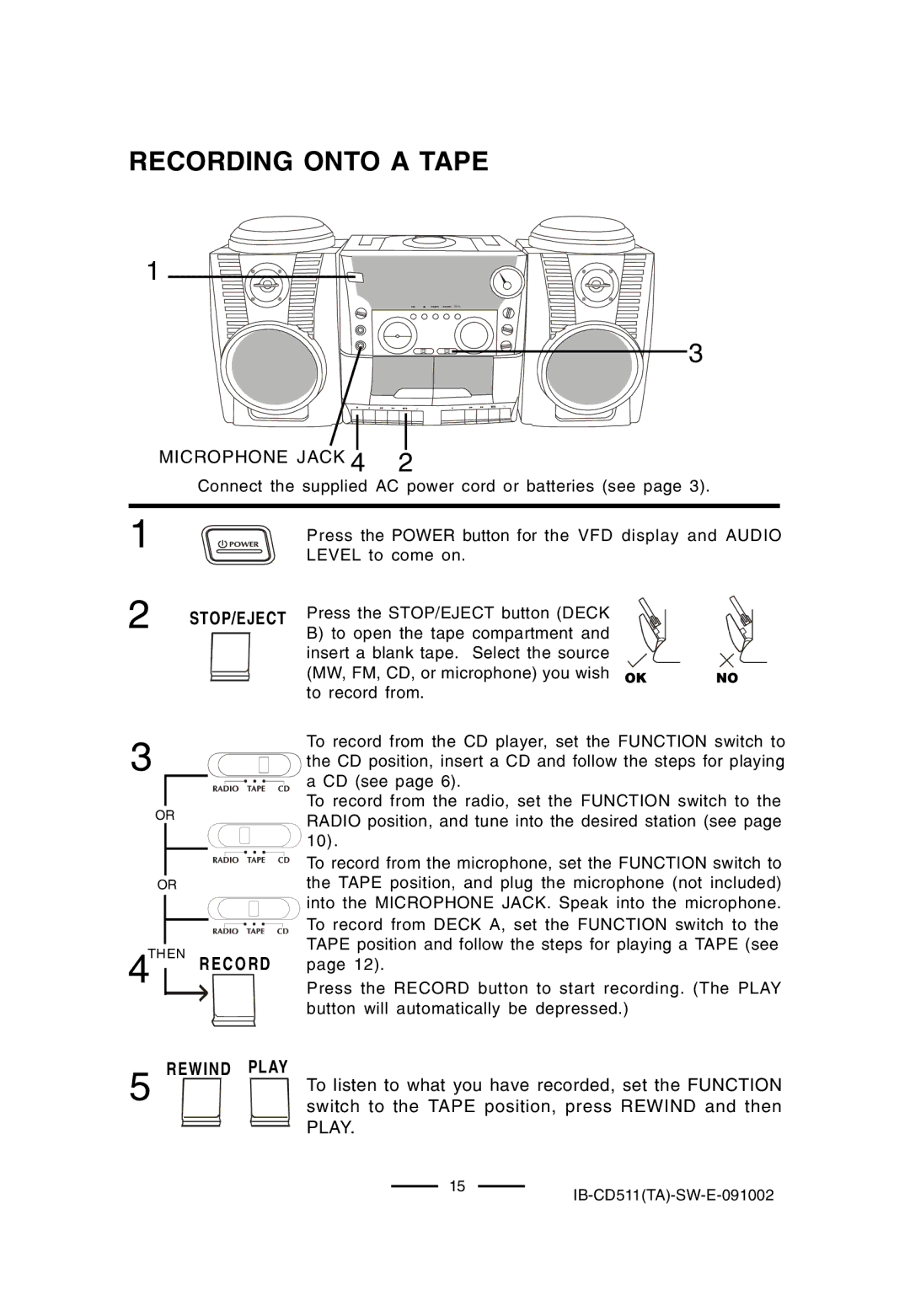 Lenoxx Electronics CD-511 manual Recording Onto a Tape, Microphone Jack 4 