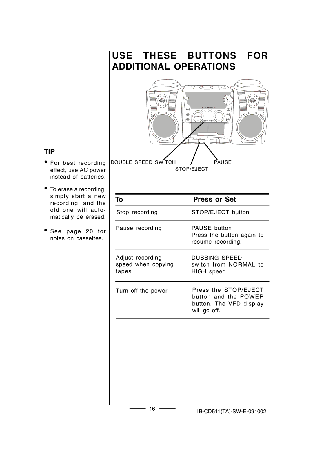 Lenoxx Electronics CD-511 manual USE These Buttons for Additional Operations, Dubbing Speed 