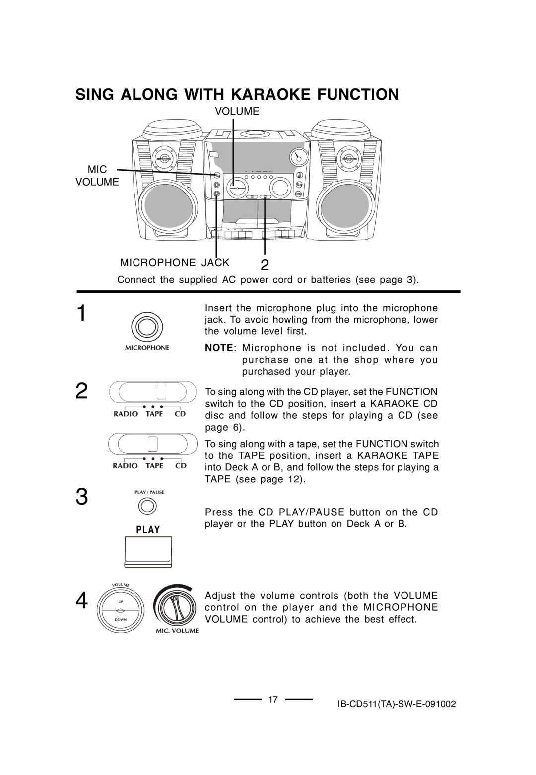 Lenoxx Electronics CD-511 manual Sing Along with Karaoke Function, Volume MIC Volume, Microphone Jack 